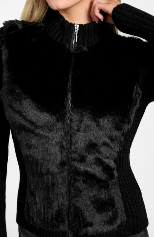 Guess Mila Mixed Media Faux Fur Cardigan In Black