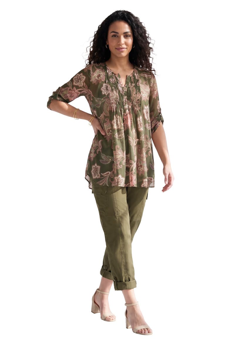 Plus Size Tara Pleated Shirt Adjustable 3/4 Sleeve Swing Tunic With Notch Collar, Main, color, DARK OLIVE BALI PAISLEY