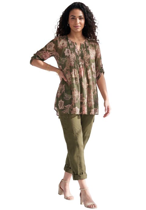 Plus Size Tara Pleated Shirt Adjustable 3/4 Sleeve Swing Tunic With Notch Collar