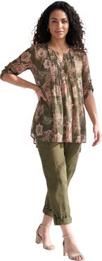 Roaman's Plus Size Tara Pleated Shirt Adjustable 3/4 Sleeve Swing Tunic With Notch Collar