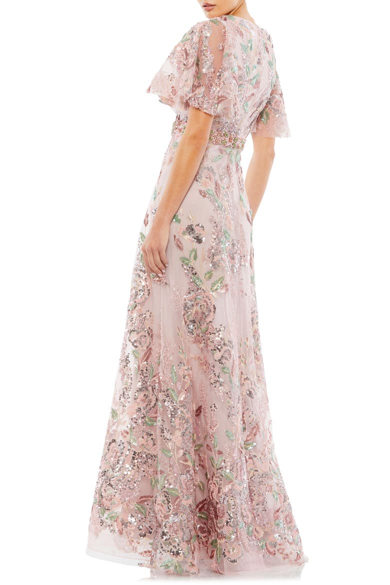Floral Embellished Short Sleeve Faux Wrap Gown, Alternate, color, ROSE PINK