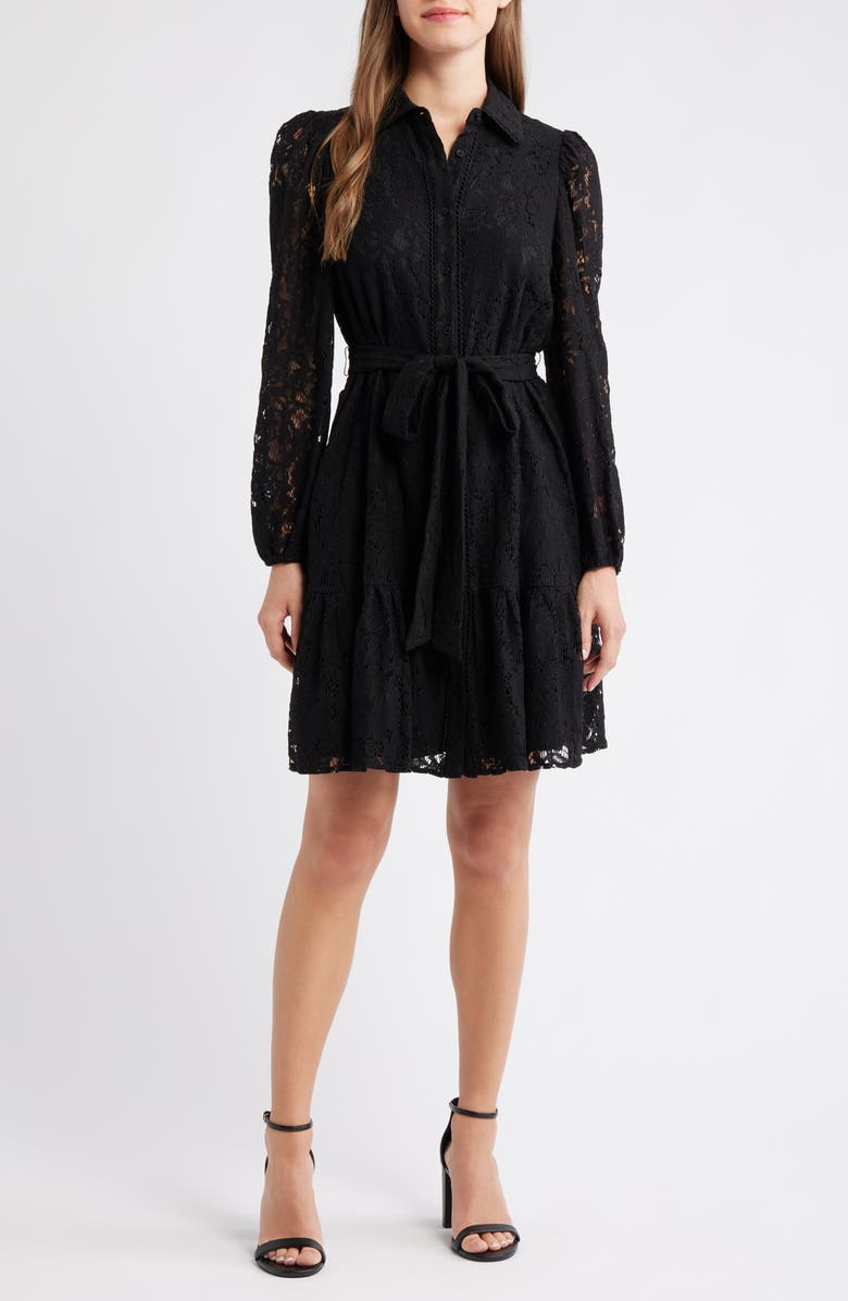 Anne Klein Long Sleeve Lace Shirtdress, Main, color, Anne Black