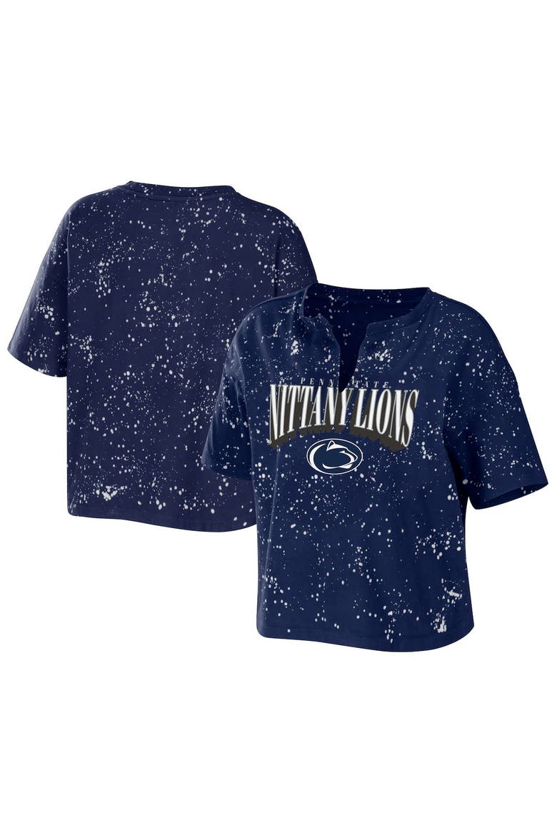 Women's WEAR by Erin Andrews Navy Penn State Nittany Lions Bleach Wash Splatter Cropped Notch Neck T-Shirt, Alternate, color, Gray
