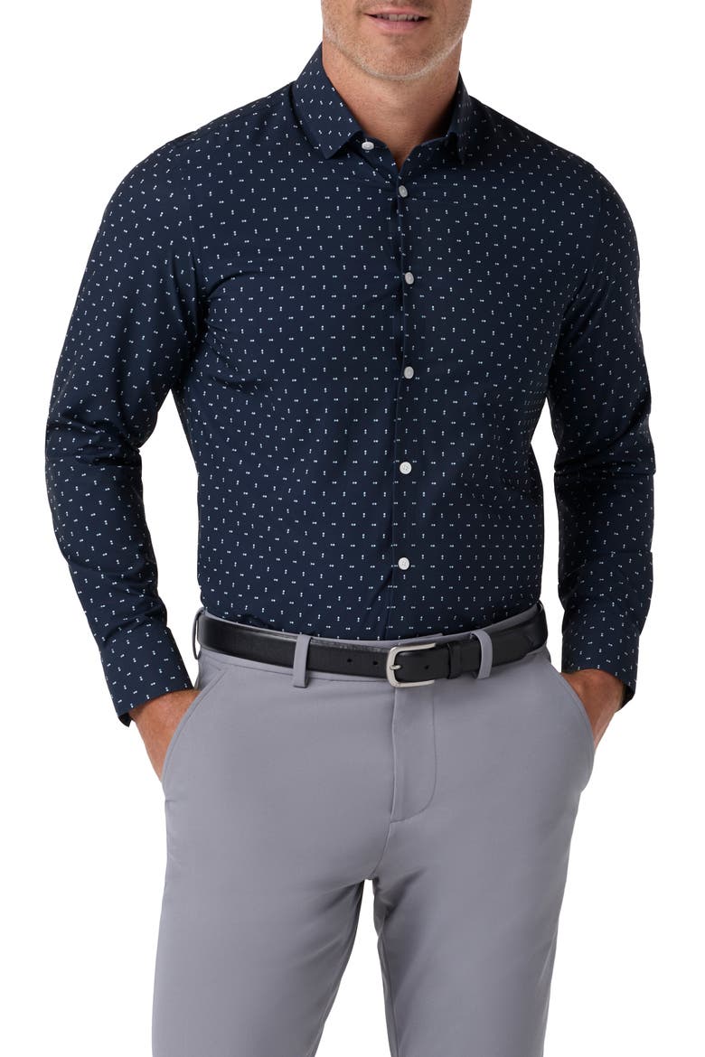 Halyard Trim Fit Short Sleeve Performance Button-Up Shirt, Main, color, NAVY DOUBLE DOT
