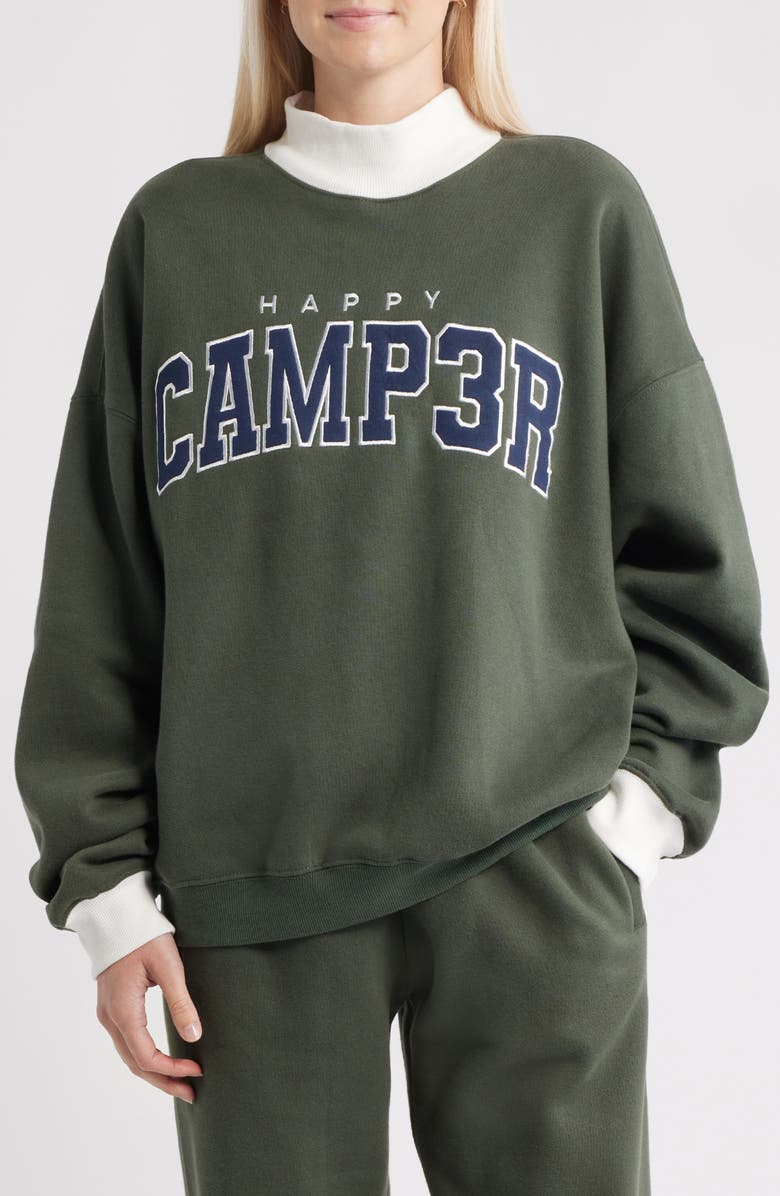HAPPY CAMP3R Logo Appliqué Mock Neck Graphic Sweatshirt, Main, color, Olive