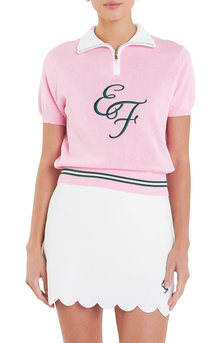 English Factory Sports Club Monogram Embroidered Linen & Cotton Quarter Zip Polo Sweater, Main, color, 