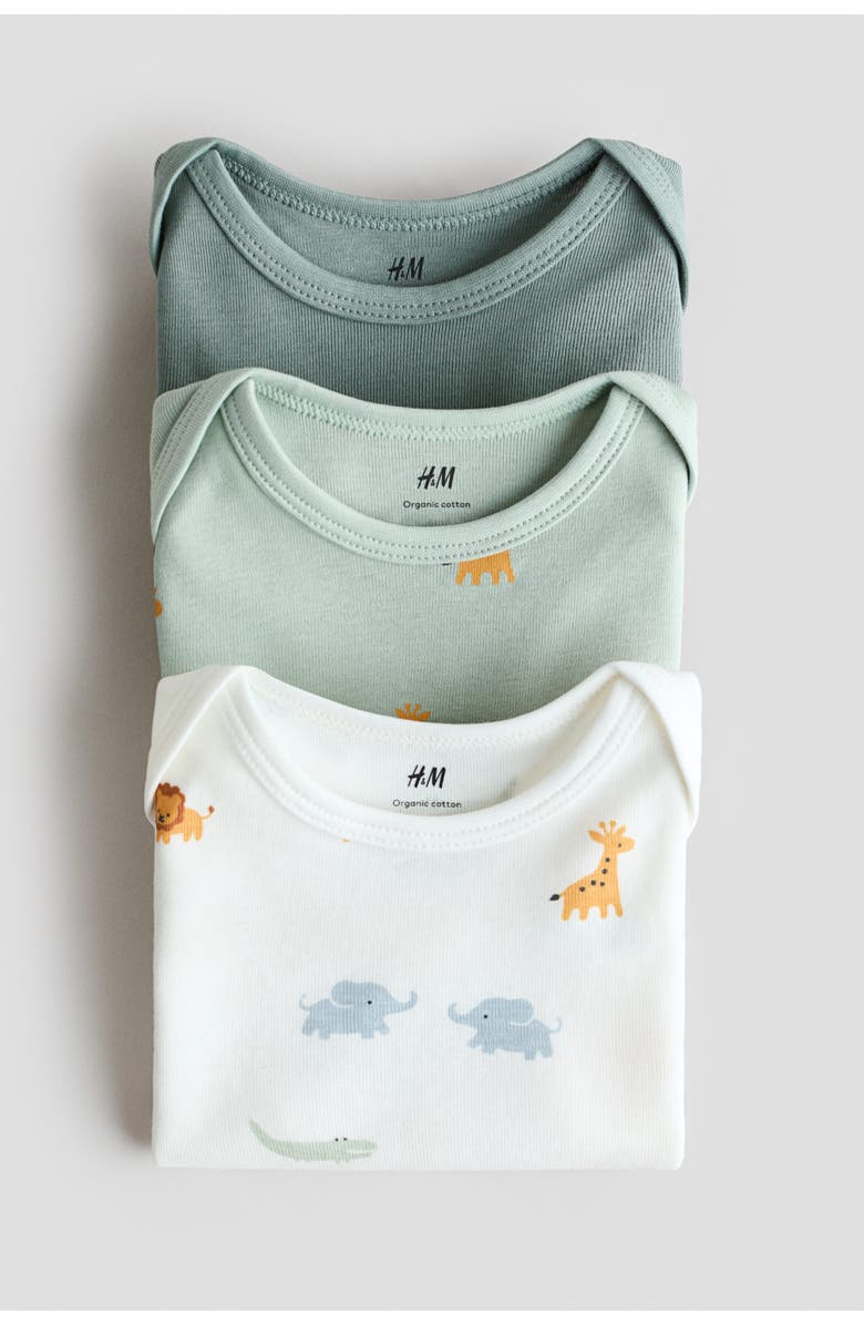 H&M 3-pack Cotton Envelope-neck Bodysuits, Alternate, color, Green/Animals
