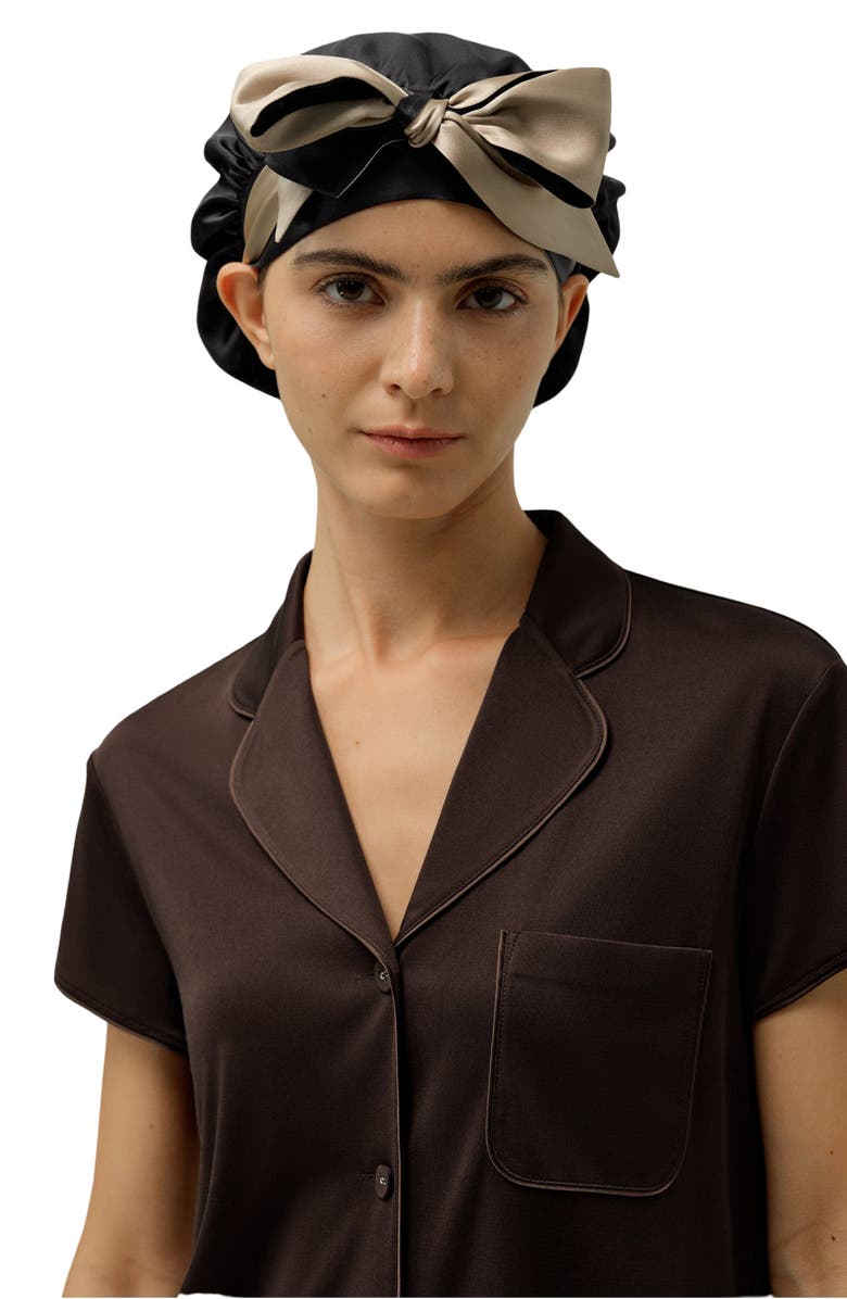 Lilysilk Reversible Silk Sleep Cap with Adjustable Ribbons, Main, color, Black