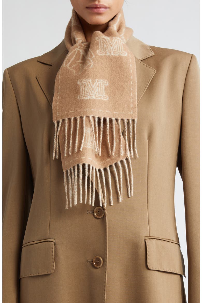 Sanima Bear Monogram Cashmere Fringe Scarf, Alternate, color, CAMEL