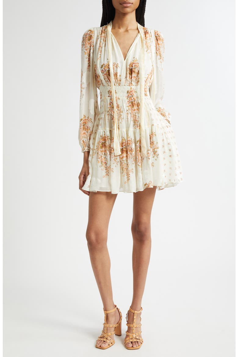 Maris Mixed Print Long Sleeve Silk A-Line Dress, Main, color, ALABASTER