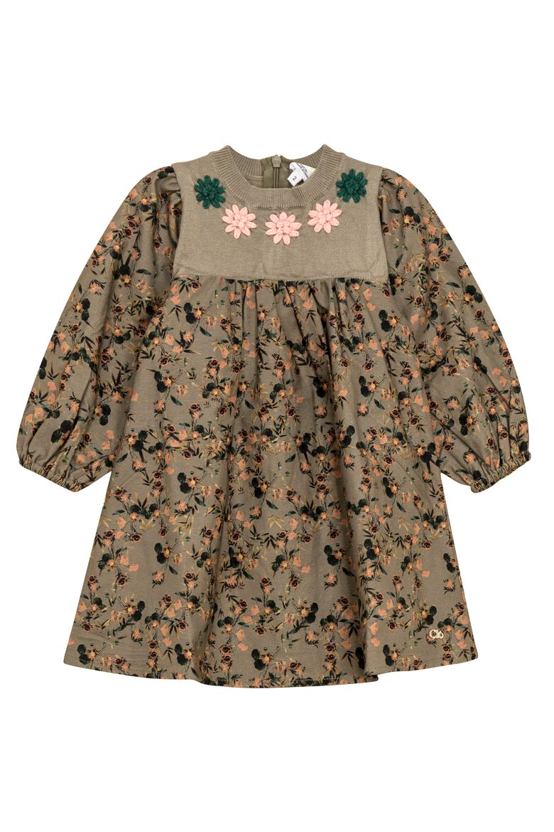 Long Sleeve Flower Print Embroidered Dress, Main, color, Olive