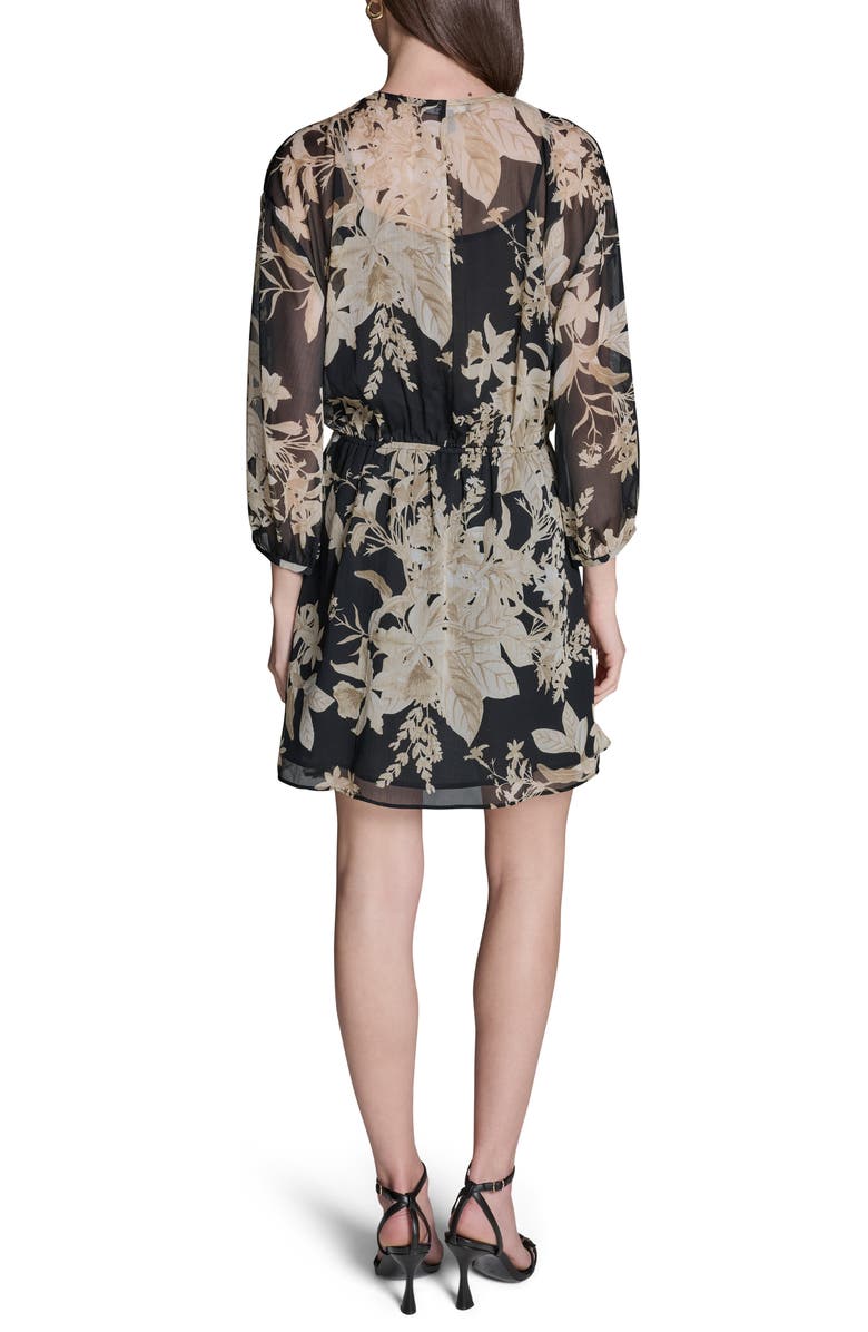 BCBG Floral Smocked Chiffon Minidress, Alternate, color, Black Multi