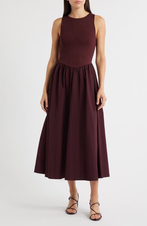 Sleeveless Mixed Media Fit & Flare Midi Dress