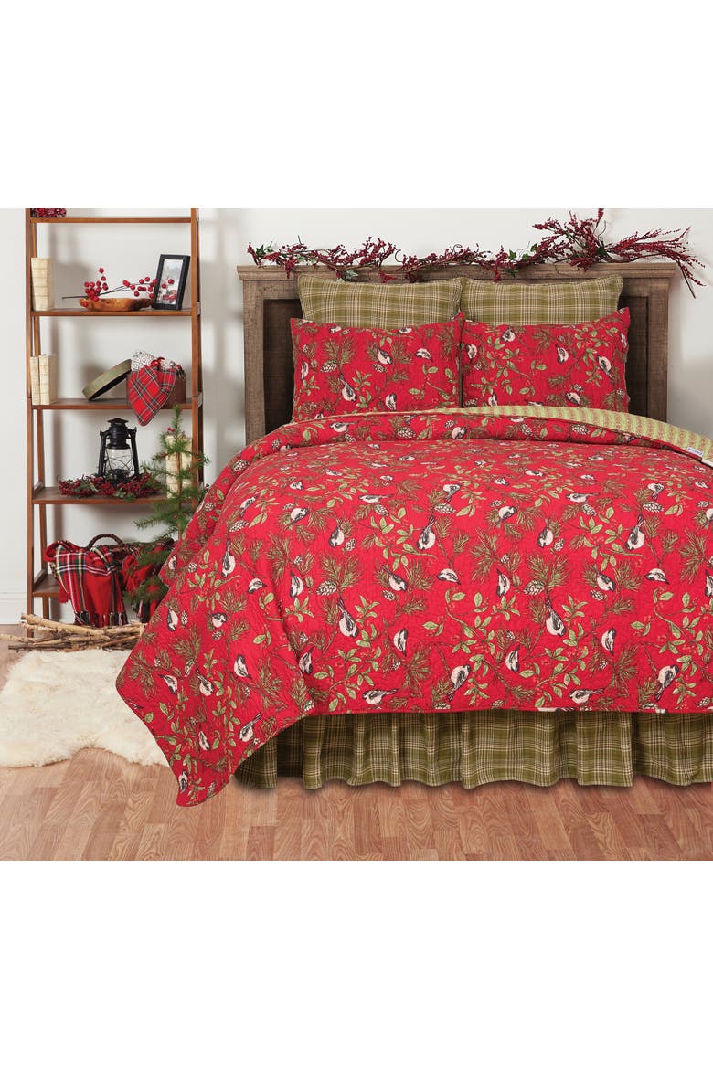 Chickadee Red Cotton Quilt Set  - Reversible and Machine Washable, Alternate, color, Red