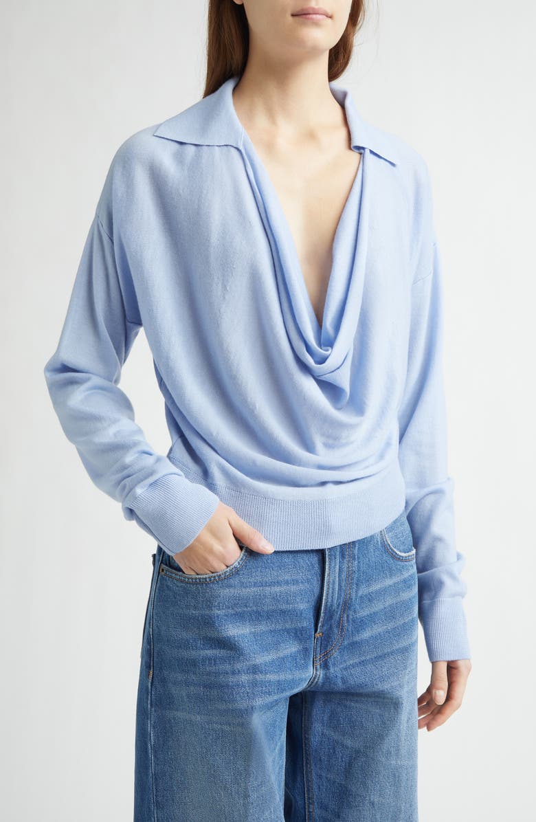 EMILY DAWN LONG Drape Front Wool Polo Sweater, Main, color, Baby Blue