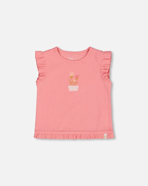 Baby Girl's Rib Tank Top With Frills Coral Pink