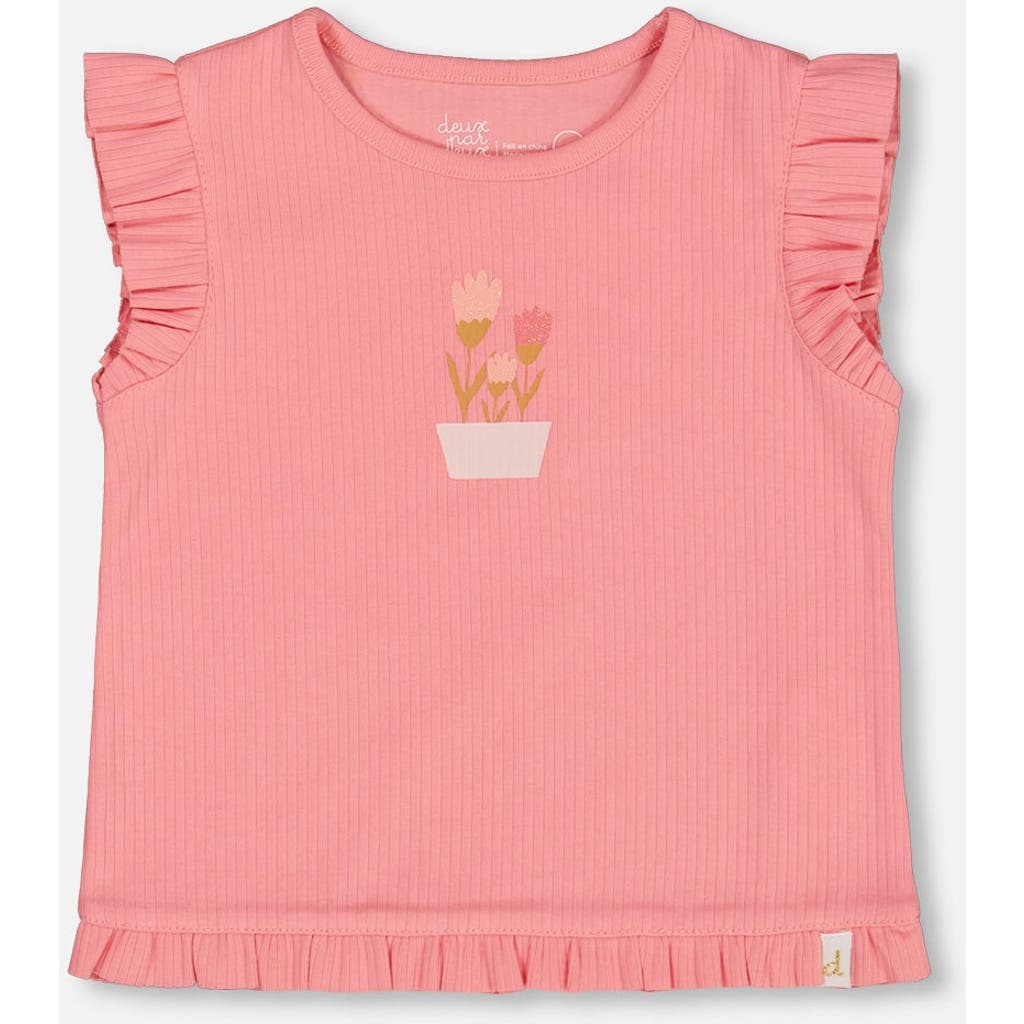 Deux Par Deux Baby Girl's Rib Tank Top With Frills Coral Pink In Coral Pink