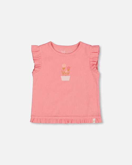 Deux Par Deux Little Girl's Rib Tank Top With Frills Coral Pink In Coral Pink