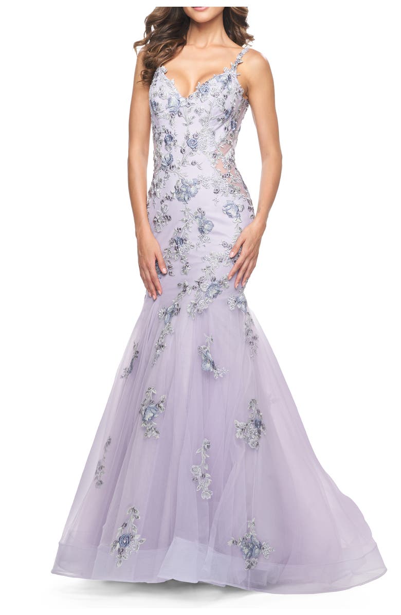 La Femme Mermaid Gown with Two Tone Lace Appliques, Main, color, Lavender Gray