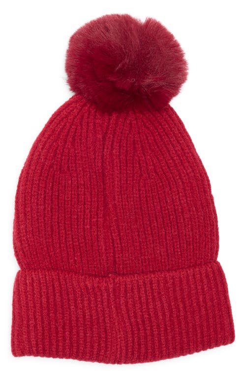 Nanette Lepore Scattered Rhinestone Beanie With Faux Fur Pompom In Red
