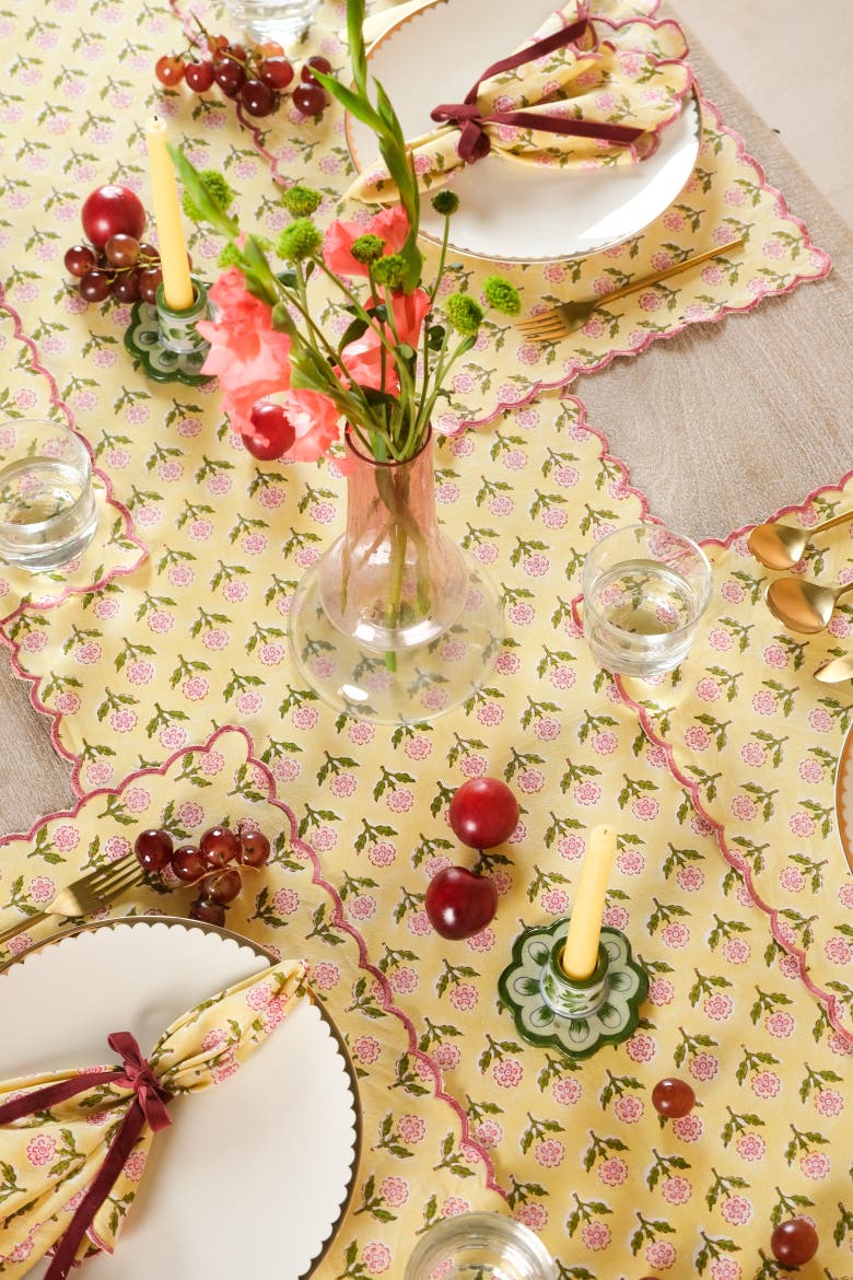 Mona Scallop Embroidered Blockprint Tablerunner, Alternate, color, Butter Yellow