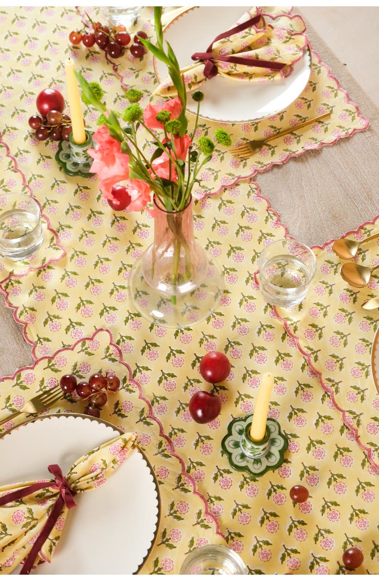 Inner Child Mona Scallop Embroidered Blockprint Tablerunner, Alternate, color, Butter Yellow