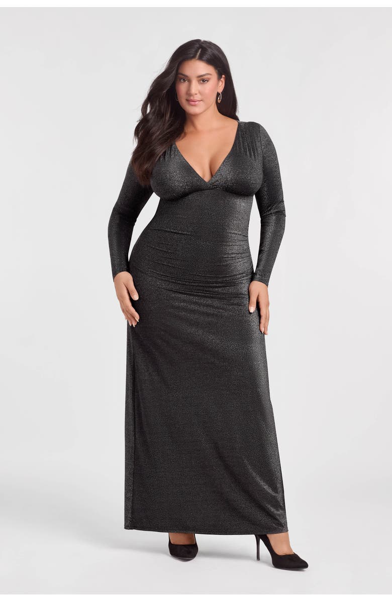 S3 Apparel Sculpting Shapewear Shirred V-Neck Long Sleeve Metallic Maxi Dress, Main, color, Onyx Black