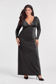 S3 Apparel Sculpting Shapewear Shirred V-Neck Long Sleeve Metallic Maxi Dress