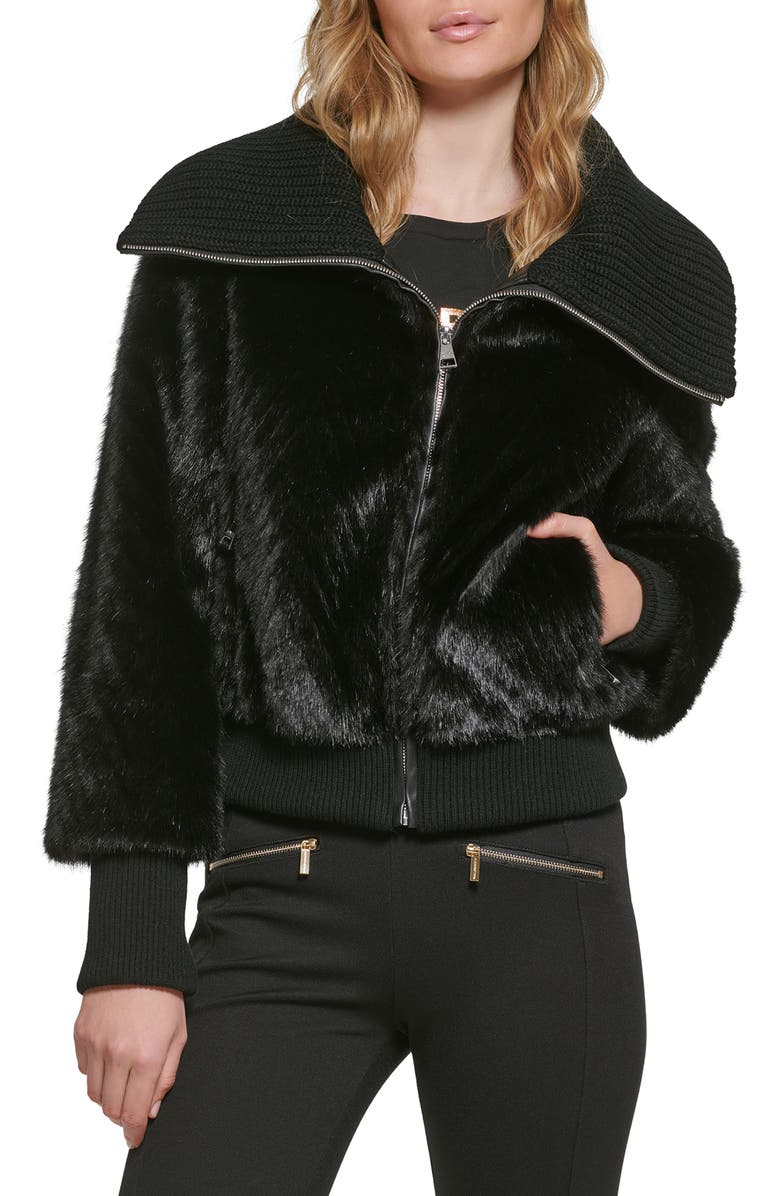 KARL LAGERFELD PARIS Faux Fur Bomber Jacket, Main, color, 