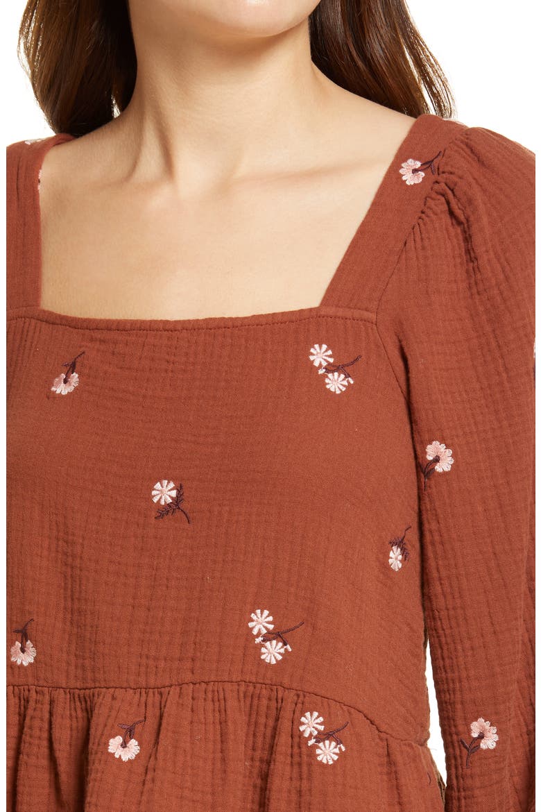 Millbrook Amie Floral Embroidered Puff Sleeve Lightspun Peplum Top, Alternate, color, MAPLE SYRUP