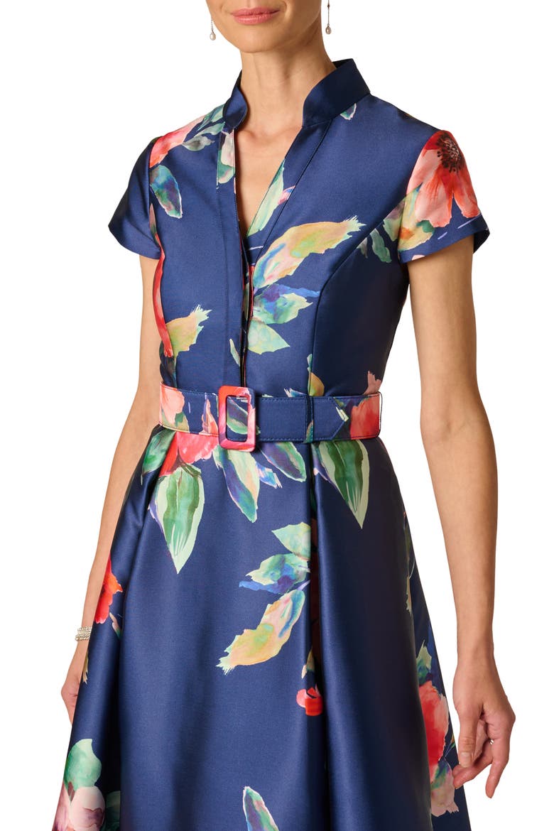 Floral Belted Mikado Gown, Alternate, color, NAVY MULTI