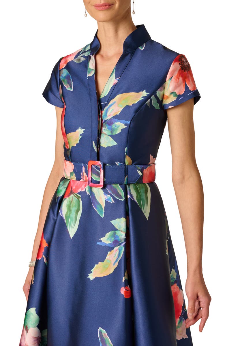 Adrianna Papell Floral Belted Mikado Gown, Alternate, color, Navy Multi
