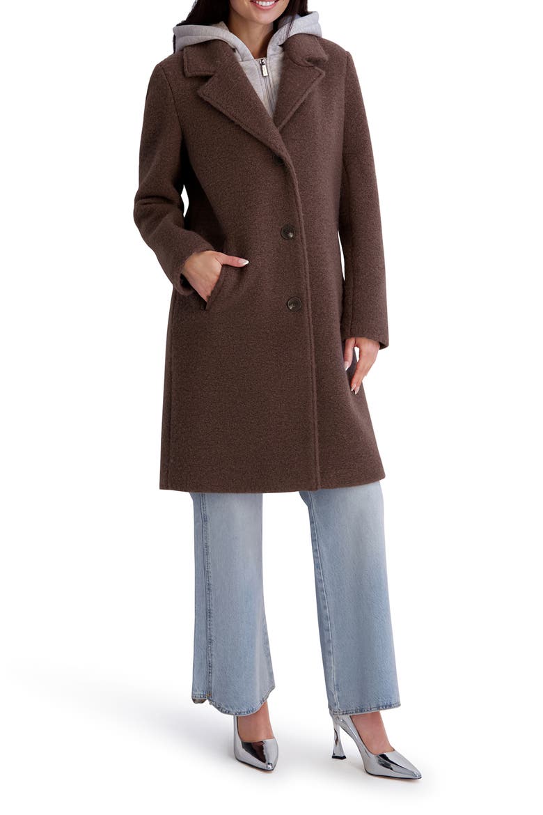 Textured Coat with Hoodie Bib, Main, color, CHOCOLATE