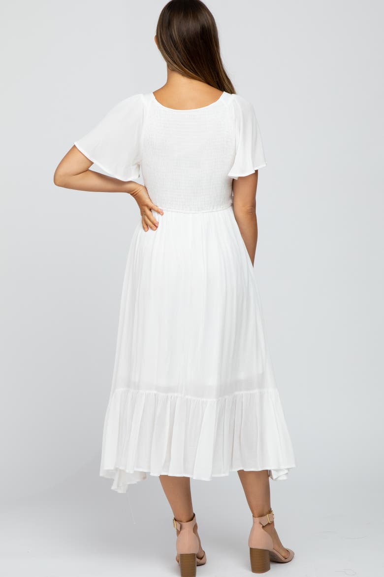 Smocked V-Neck Midi Dress, Alternate, color, White