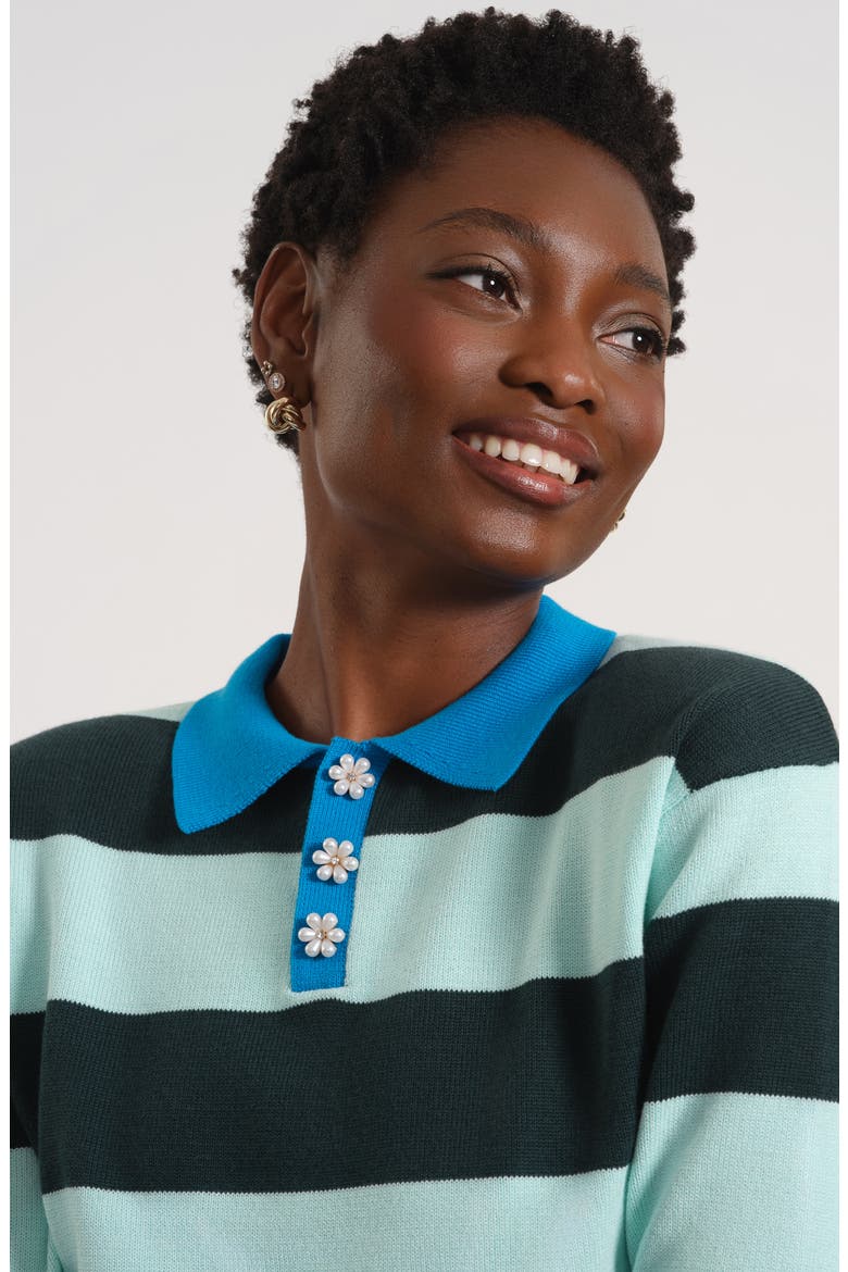 Floral Button Rugby Sweater, Alternate, color, TEAL/ MULTI