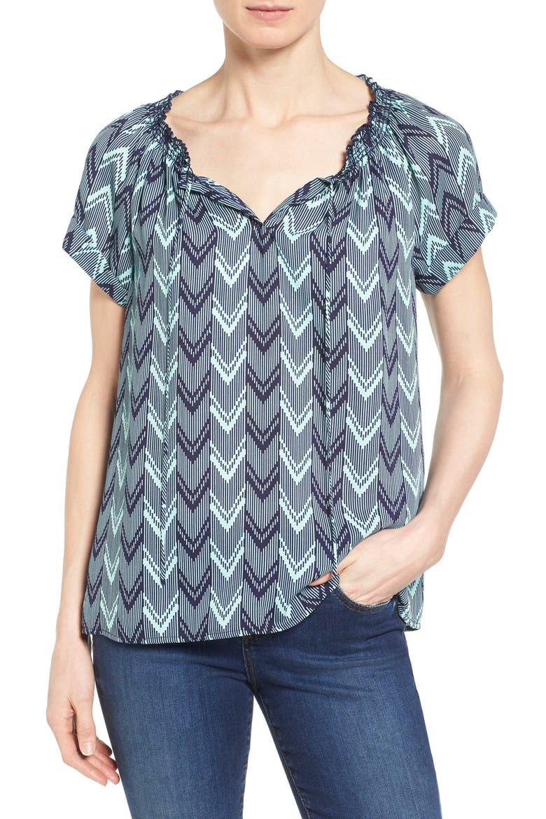 Cuffed Sleeve Peasant Top, Main, color, NAVY- TEAL ARROW PRINT