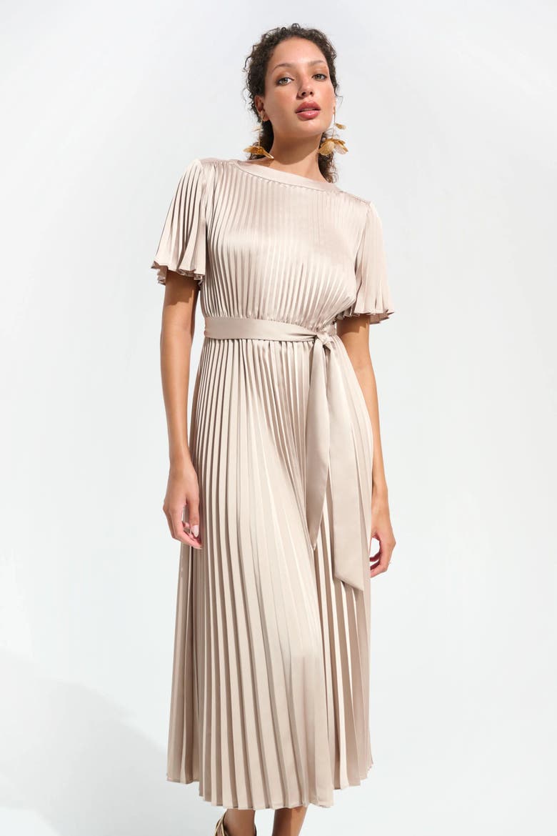 Signature | Pleated Satin Fit And Flare Dress With Sash Belt, Main, color, Sand