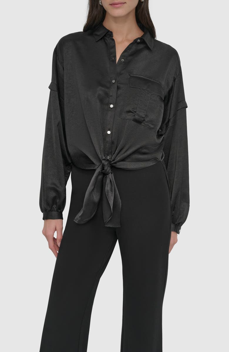 DKNY Tie Front Satin Shirt, Main, color, Black