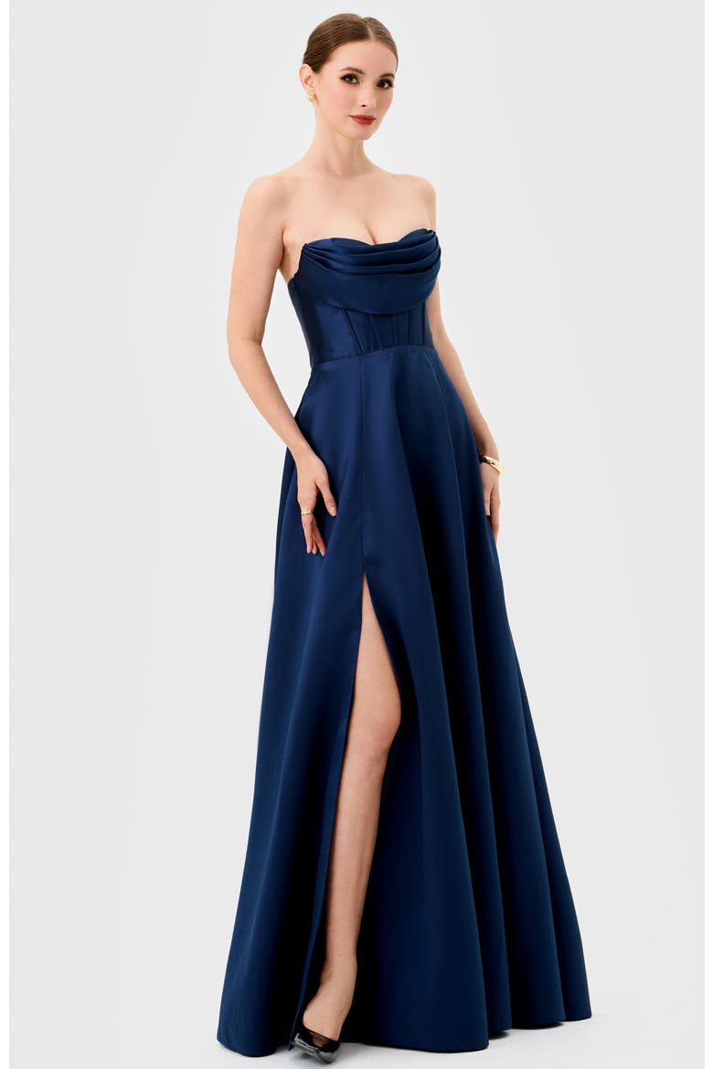 Ameira Strapless Cowl Gown, Alternate, color, NAVY