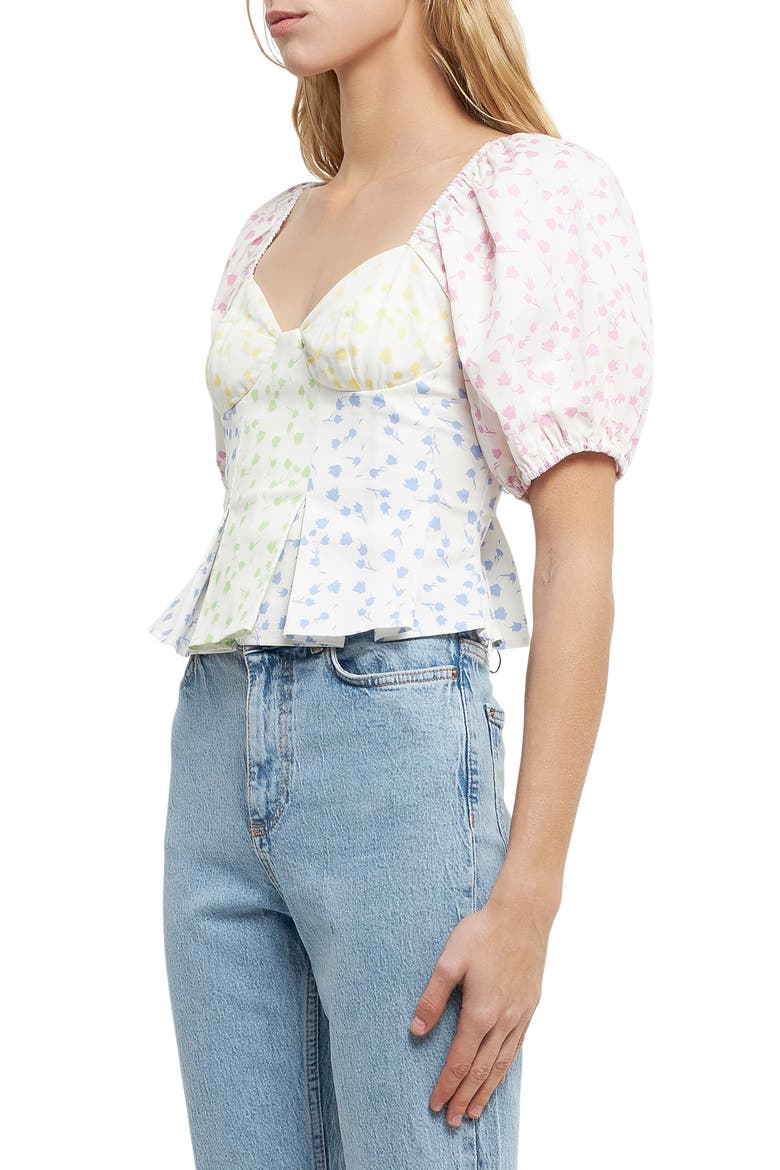 Floral Patchwork Puff Sleeve Crop Top, Alternate, color, WHITE MULTI