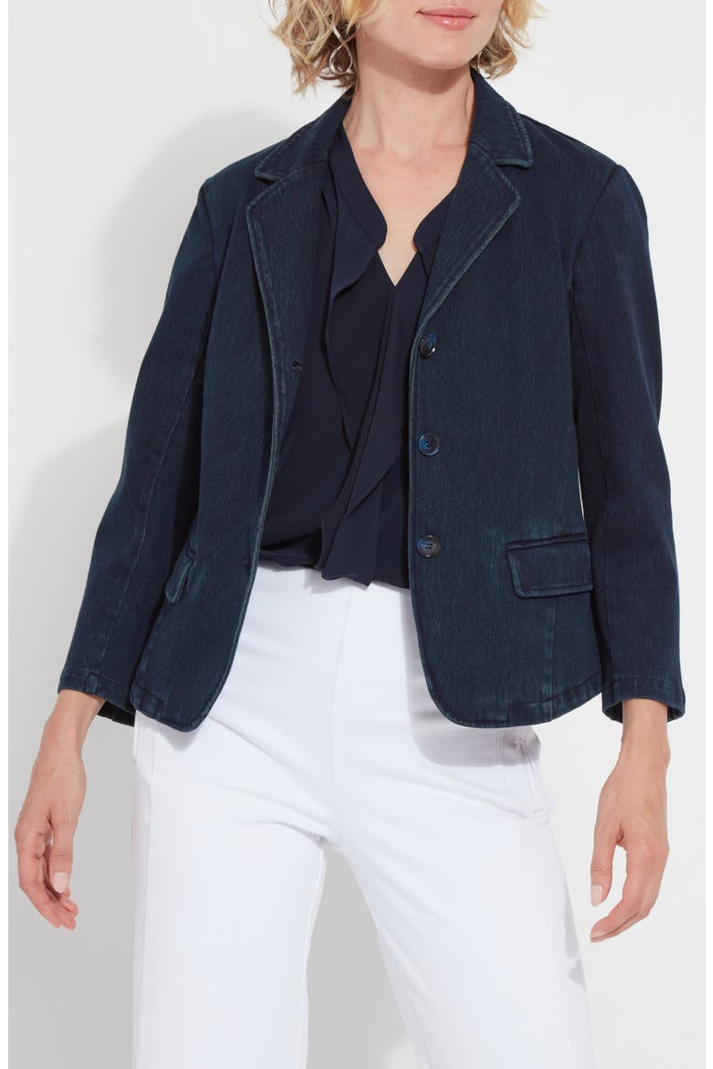 'Lyssentials Della Denim Crop Blazer, Main, color, INDIGO