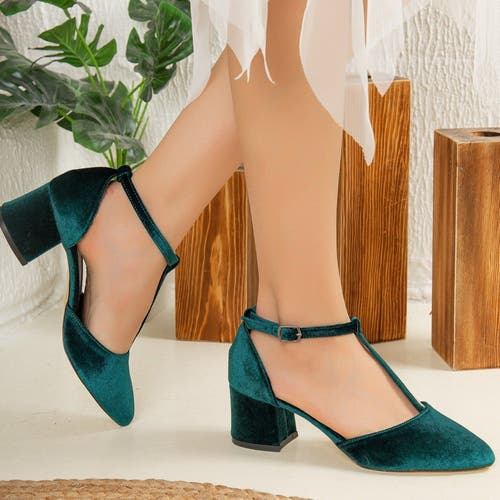 Forever & Always Shoes Anicette Velvet Mary Jane Heels In Emerald Green