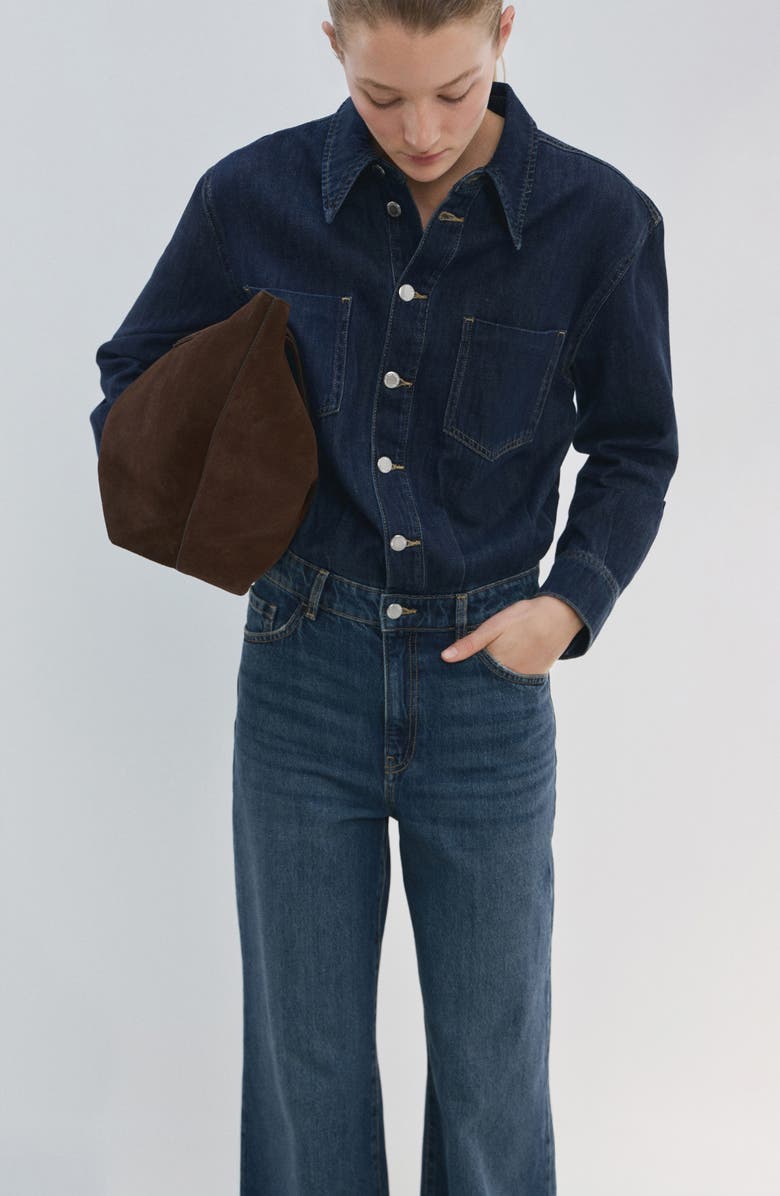 MANGO Long Sleeve Wide Leg Denim Jumpsuit, Alternate, color, Dark Blue