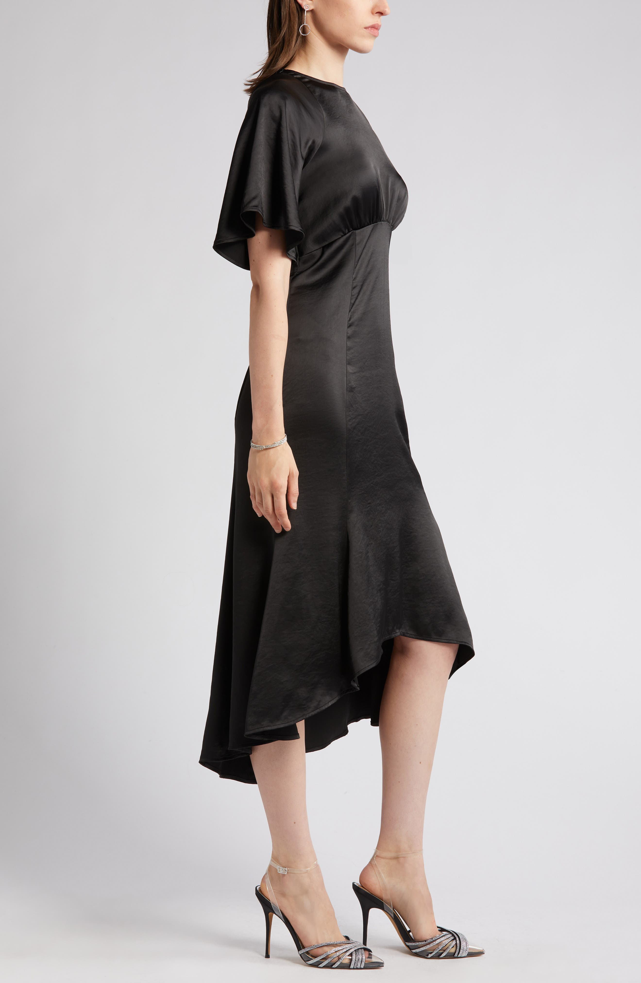 Off Shoulder Flutter Sleeves Satin Dress With Pocket Dark Navy Plus Size