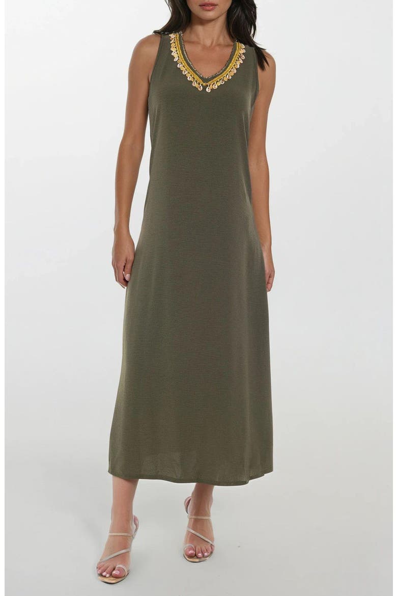 Cowrie Shell Embellished V-Neck Dress, Main, color, OLIVE
