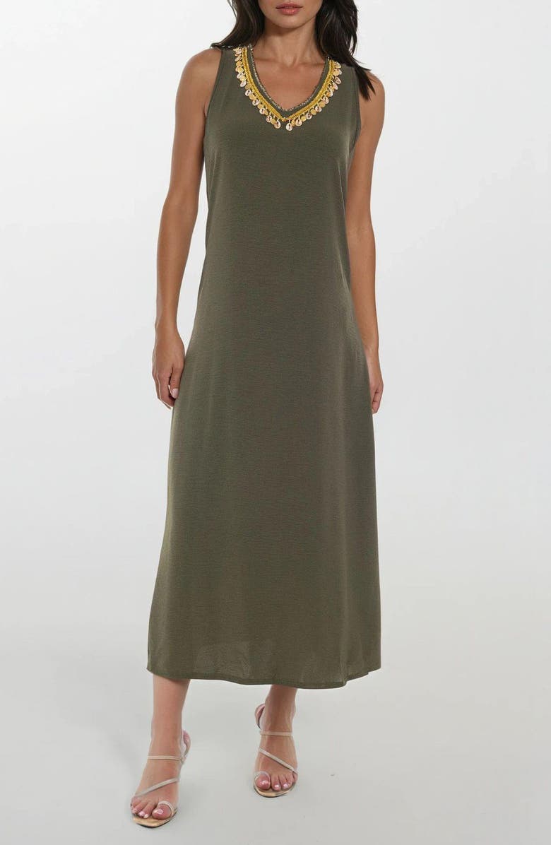 bebe Cowrie Shell Embellished V-Neck Dress, Main, color, 