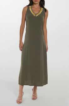 bebe Cowrie Shell Embellished V-Neck Dress