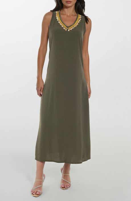 bebe Cowrie Shell Embellished V-Neck Dress