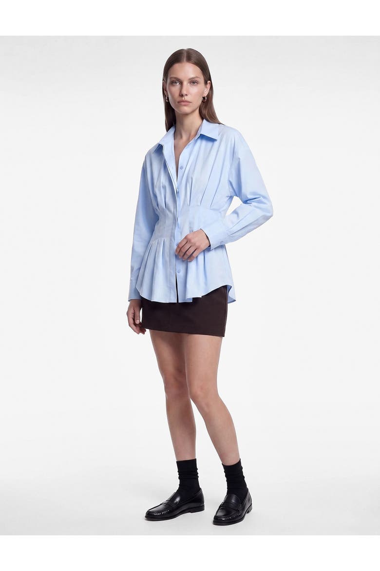 Pleated Waist Long Sleeve Lapel Poplin Shirt, Alternate, color, LIGHT INDIGO