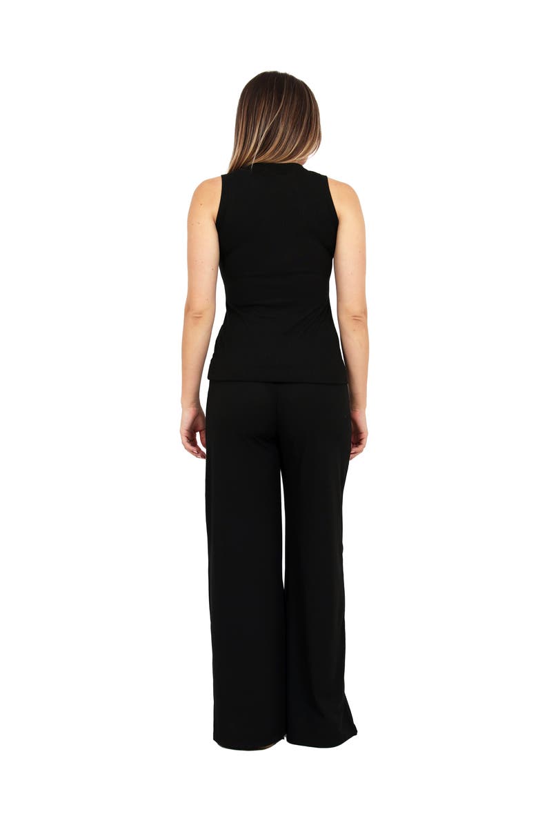 24seven Comfort Apparel Womens Basic Ribbed Knit Tank Top and Elastic Waist Wide Leg Pant Set, Alternate, color, Black